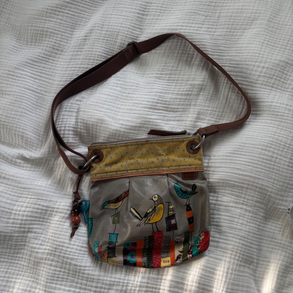 Fossil Key-Per Bird Print Coated Canvas Crossbody Bag Gray Yellow Multi - Picture 5 of 8